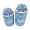 Blue Ceramic Decorative Jar Set with White Floral Patterns